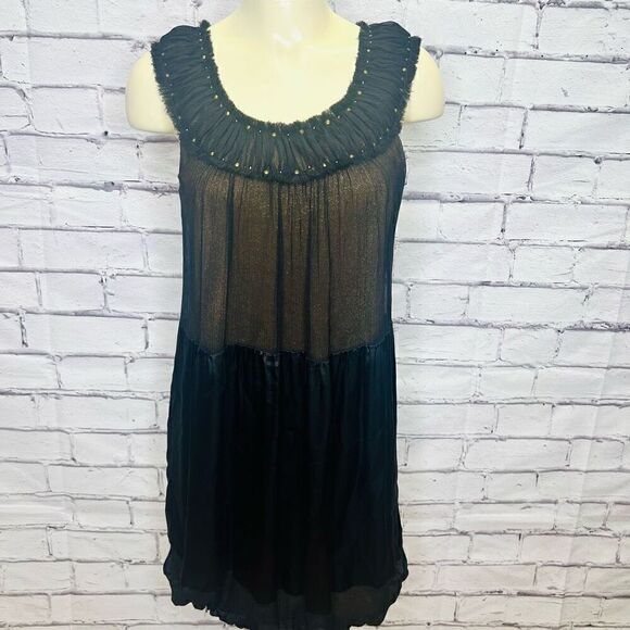 BCBGMAXAZRIA Womens Black Gold Silk Halter Balloon Sheer Mini Dress Size 0 - Picture 1 of 9